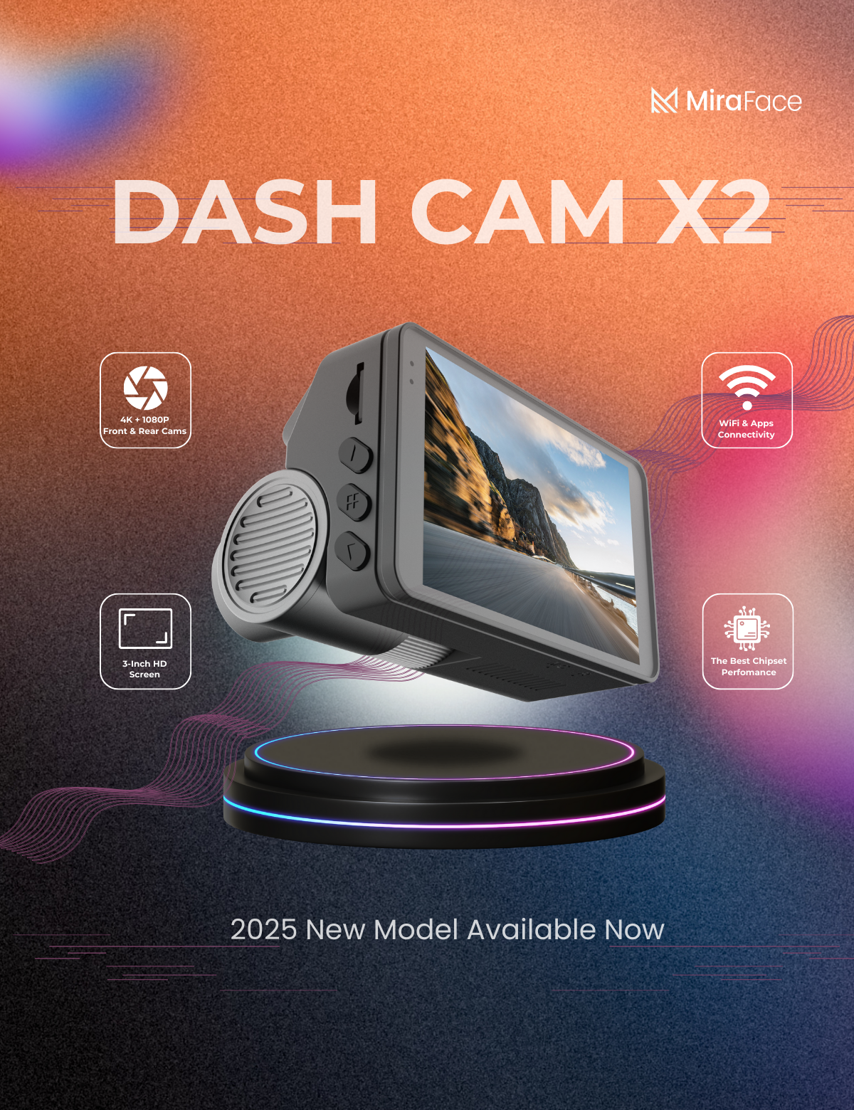 MiraFace X2, 4K+1080P Front & Rear Dash Cam, 32GB Card Included