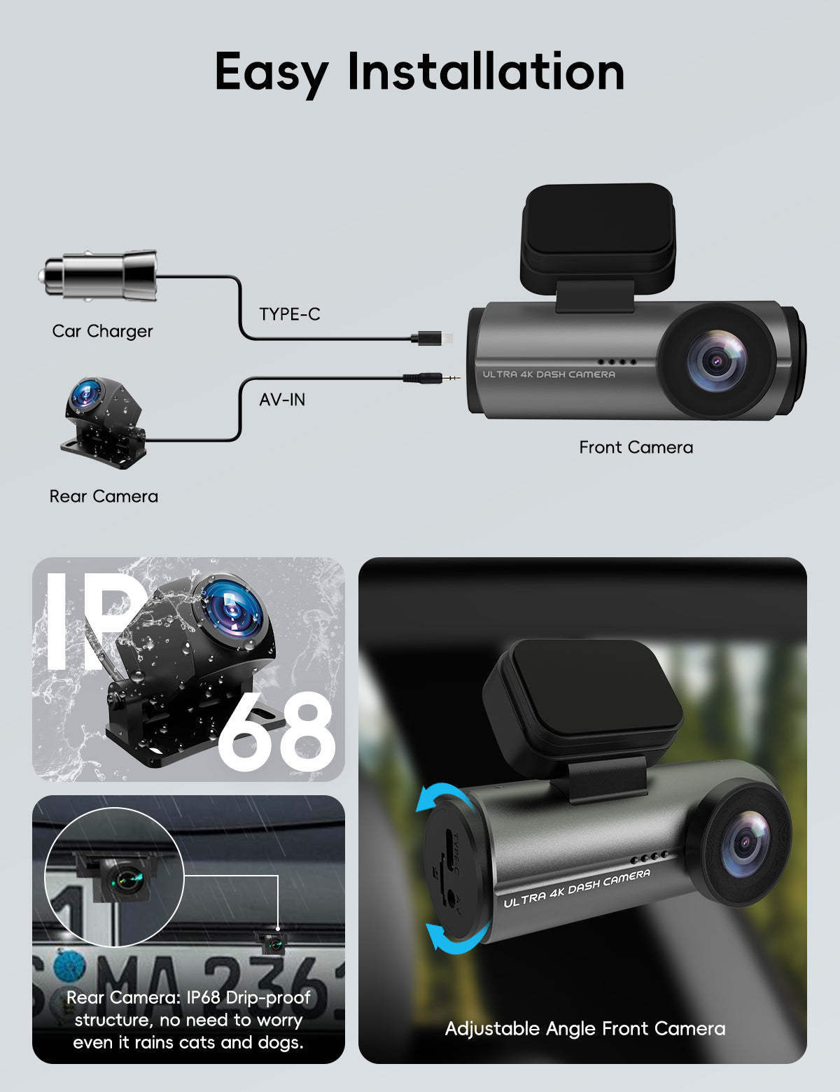 MiraFace K1, 4K+1080P Front & Rear Dash Cam, 32GB Card Included